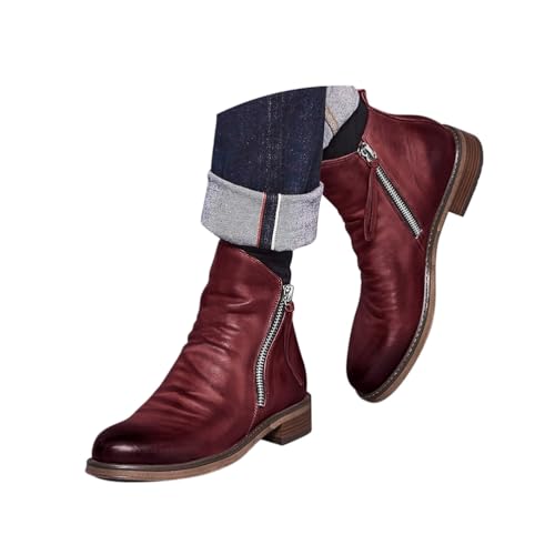 Minetom Herren Motorrad Stiefeletten High Top Business Boots Klassische Vintage Chelsea Boots Reißverschluss Biker Freizeitschuhe A Rot 39 EU von Minetom