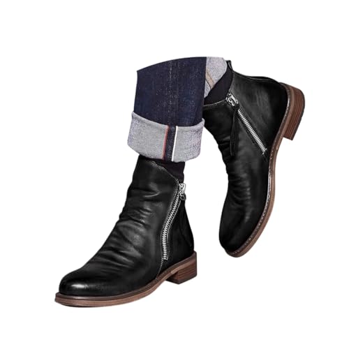 Minetom Herren Motorrad Stiefeletten High Top Business Boots Klassische Vintage Chelsea Boots Reißverschluss Biker Freizeitschuhe A Schwarz 48 EU von Minetom