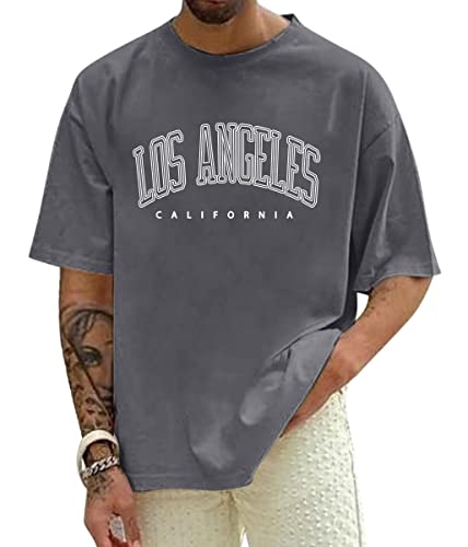 Minetom Herren Oversized T-Shirt Mit Überschnittenen Schultern Rundhals Kurzarm Sommer Oberteile Los Angeles Drucken Bluse Streetwear Pärchen T-Shirt Teenager Tunika Tops A Grau XS von Minetom