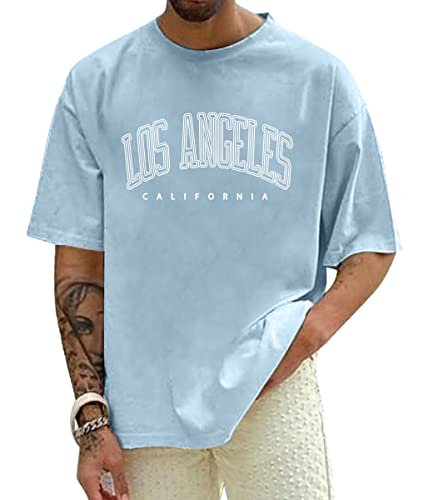 Minetom Herren Oversized T-Shirt Mit Überschnittenen Schultern Rundhals Kurzarm Sommer Oberteile Los Angeles Drucken Bluse Streetwear Pärchen T-Shirt Teenager Tunika Tops A Hellblau XS von Minetom