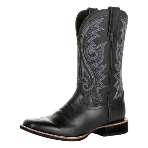 Minetom Herren PU Cowboystiefel Klassisch Vintage Mittlere Wade Westernstiefel Stickerei Spitzer Zehenbereich Blockabsatz Schlupfstiefel Lange Stiefel A Schwarz 40 EU von Minetom
