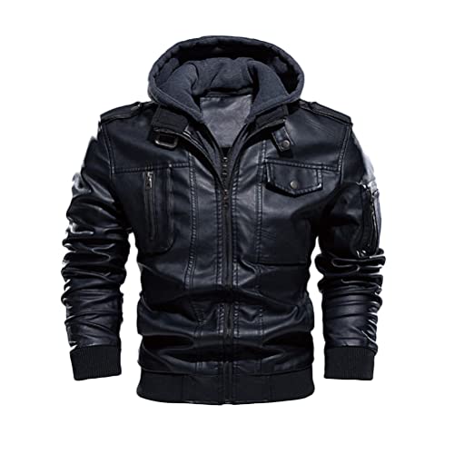 Minetom Herren PU Lederjacke Kunstleder Bikerjacke mit Kapuze A Schwarz 3XL von Minetom