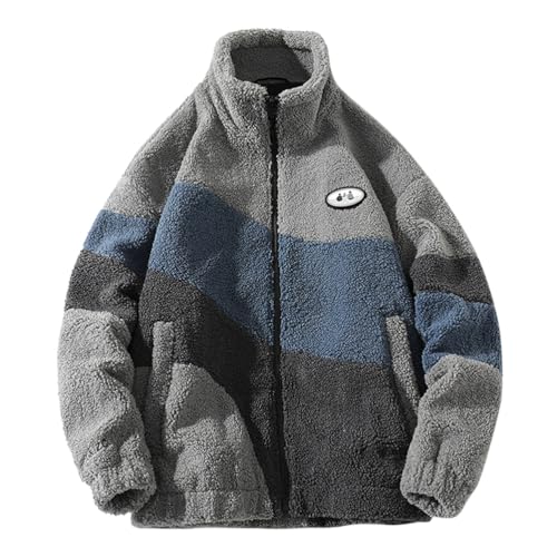 Minetom Herren Patchwork Jacke Oberbekleidung Teddy Fleece Mit Stehkragen Winterjacke Sweatjacke Mit Reißverschluss B Grau L von Minetom