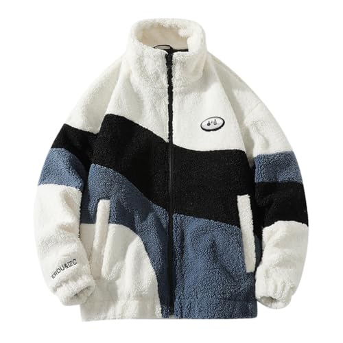 Minetom Herren Patchwork Jacke Oberbekleidung Teddy Fleece Mit Stehkragen Winterjacke Sweatjacke Mit Reißverschluss B Weiß L von Minetom