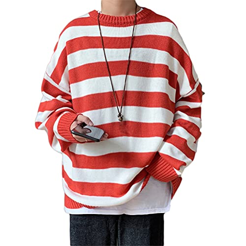 Minetom Herren Pullover Sweatshirt Oversized Sweat Crewneck Gestreiftes Shirt Longsleeve Marine Langarmshirts Pulli A Orange 3XL von Minetom