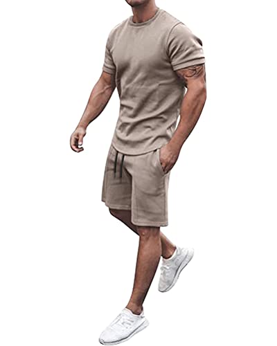 Minetom Herren Sommer Trainingsanzug Sportbekleidung Männer Jogginganzug 2-Teiliges Freizeitanzüge Outfit Kurzarm Shirts + Kurze Hose Sets Jogginganzug Freizeitanzug Fitness Gym Running A Khaki XL von Minetom