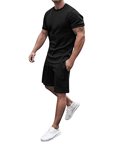 Minetom Herren Sommer Trainingsanzug Sportbekleidung Männer Jogginganzug 2-Teiliges Freizeitanzüge Outfit Kurzarm Shirts + Kurze Hose Sets Jogginganzug Freizeitanzug Fitness Gym Running A Schwarz XS von Minetom