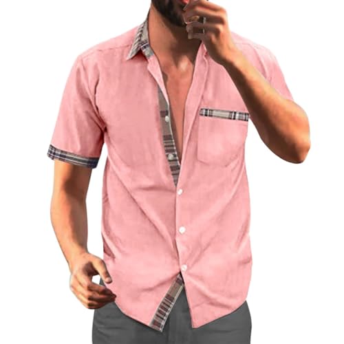 Minetom Herren Sommerhemd Freizeithemd Slim-Fit Herrenhemden Kurzarm Kariert Freizeit Businesshemd Männer Freizeit-Hemd Shirt mit Tasche A Rosa L von Minetom