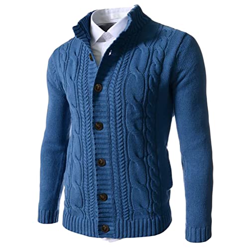 Minetom Herren Strickjacke Mit Stehkragen Und Knöpfen Winterjacke Warme Freizeitjacke Männer Jacke Winter Einfarbig Grobstrick Slim Fit A Blau XL von Minetom