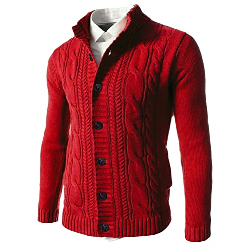Minetom Herren Strickjacke Mit Stehkragen Und Knöpfen Winterjacke Warme Freizeitjacke Männer Jacke Winter Einfarbig Grobstrick Slim Fit A Rot L von Minetom