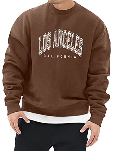 Minetom Herren Sweatshirt ohne Kapuze Sweat Crewneck Pullover mit Breiten Rippbündchen Los Angeles Grafik Vintage Buchstaben Drucken Basic Lässige Sport Training T-Shirt für Männer A Braun L von Minetom