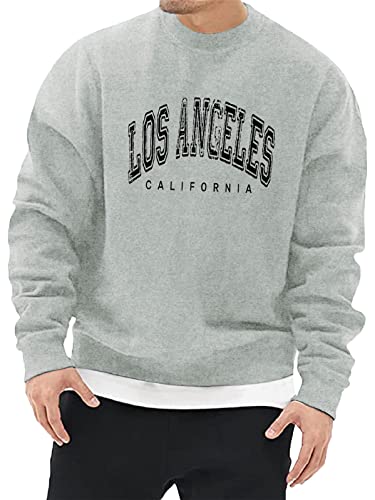 Minetom Herren Sweatshirt ohne Kapuze Sweat Crewneck Pullover mit Breiten Rippbündchen Los Angeles Grafik Vintage Buchstaben Drucken Basic Lässige Sport Training T-Shirt für Männer A Grau L von Minetom