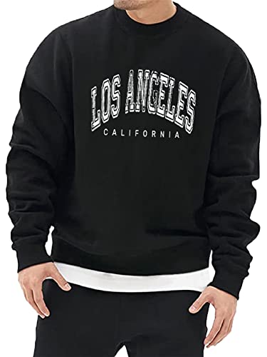 Minetom Herren Sweatshirt ohne Kapuze Sweat Crewneck Pullover mit Breiten Rippbündchen Los Angeles Grafik Vintage Buchstaben Drucken Basic Lässige Sport Training T-Shirt für Männer A Schwarz XXL von Minetom