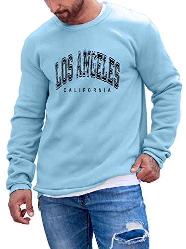 Minetom Herren Sweatshirt ohne Kapuze Sweat Crewneck Pullover mit Breiten Rippbündchen Los Angeles Grafik Vintage Buchstaben Drucken Freizeit Training Gym Sport Fitness A Hellblau XS von Minetom