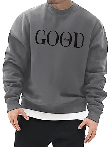 Minetom Herren Sweatshirt ohne Kapuze Sweat Crewneck Pullover mit Breiten Rippbündchen Vintage Grafik Buchstaben Drucken Basic Lässige Sport Training T-Shirt für Männer C Dunkelgrau L von Minetom