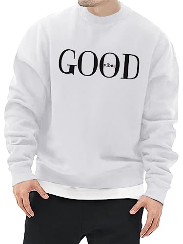 Minetom Herren Sweatshirt ohne Kapuze Sweat Crewneck Pullover mit Breiten Rippbündchen Vintage Grafik Buchstaben Drucken Basic Lässige Sport Training T-Shirt für Männer C Weiß L von Minetom