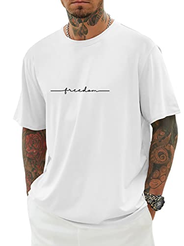 Minetom Herren T-Shirt Oversized Rundhals Kurzarm Lose Sommer Oberteile Mode Tshirt mit Freedom Kreativen Grafik Buchstaben Vintage Drucken Streetwear Sport Casual Lang Tops D Weiß XL z von Minetom