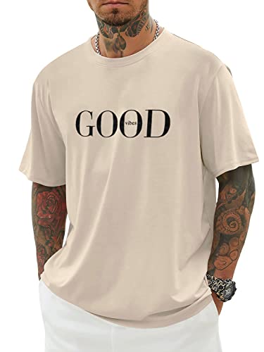 Minetom Herren T-Shirt Oversized Rundhals Kurzarm Lose Sommer Oberteile Mode Tshirt mit Good Vibes Kreativen Grafik Buchstaben Vintage Drucken Streetwear Sport Casual Lang Tops H Aprikose L von Minetom