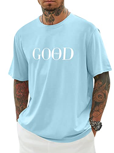 Minetom Herren T-Shirt Oversized Rundhals Kurzarm Lose Sommer Oberteile Mode Tshirt mit Good Vibes Kreativen Grafik Buchstaben Vintage Drucken Streetwear Sport Casual Lang Tops H Blau M von Minetom