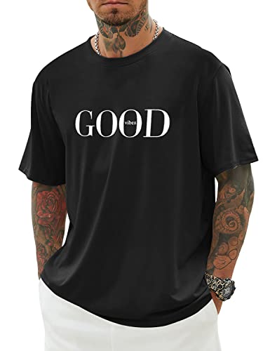 Minetom Herren T-Shirt Oversized Rundhals Kurzarm Lose Sommer Oberteile Mode Tshirt mit Good Vibes Kreativen Grafik Buchstaben Vintage Drucken Streetwear Sport Casual Lang Tops H Schwarz S von Minetom