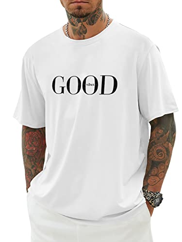 Minetom Herren T-Shirt Oversized Rundhals Kurzarm Lose Sommer Oberteile Mode Tshirt mit Good Vibes Kreativen Grafik Buchstaben Vintage Drucken Streetwear Sport Casual Lang Tops H Weiß M von Minetom