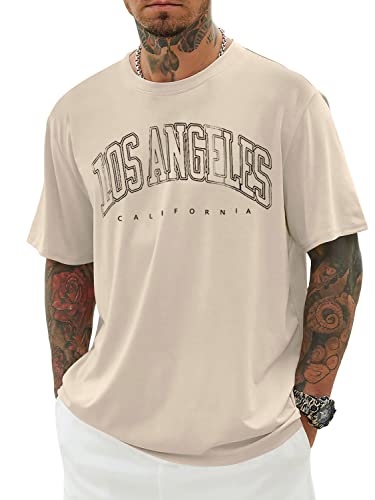 Minetom Herren T-Shirt Oversized Rundhals Kurzarm Lose Sommer Oberteile Mode Tshirt mit Los Angeles Grafik Kreativen Buchstaben Vintage Drucken Streetwear Sport Casual Lang Tops A Aprikose L z von Minetom