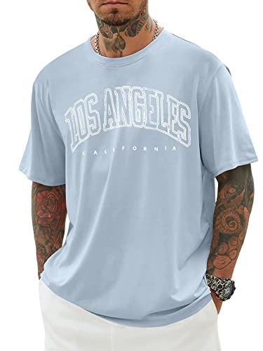 Minetom Oversized Tshirt Herren Rundhals Kurzarm Lose Sommer Oberteile Mode T-Shirt mit Los Angeles Grafik Kreativen Buchstaben Vintage Drucken Streetwear Sport Casual Lang Tops A Blau XXL von Minetom