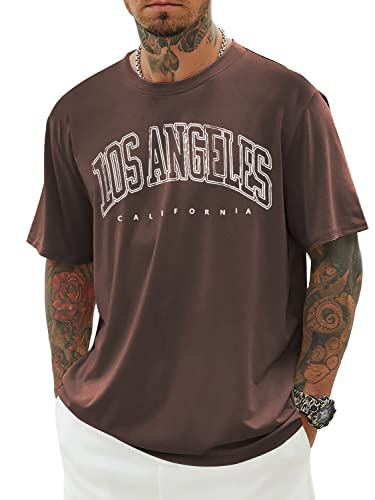 Minetom Oversized Tshirt Herren Rundhals Kurzarm Lose Sommer Oberteile Mode T-Shirt mit Los Angeles Grafik Kreativen Buchstaben Vintage Drucken Streetwear Sport Casual Lang Tops A Kaffee M von Minetom