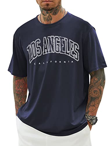 Minetom Oversized Tshirt Herren Rundhals Kurzarm Lose Sommer Oberteile Mode T-Shirt mit Los Angeles Grafik Kreativen Buchstaben Vintage Drucken Streetwear Sport Casual Lang Tops A Marineblau L von Minetom