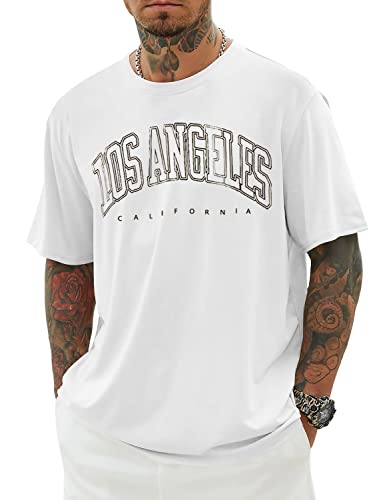 Minetom Oversized Tshirt Herren Rundhals Kurzarm Lose Sommer Oberteile Mode T-Shirt mit Los Angeles Grafik Kreativen Buchstaben Vintage Drucken Streetwear Sport Casual Lang Tops A Weiß XXL von Minetom