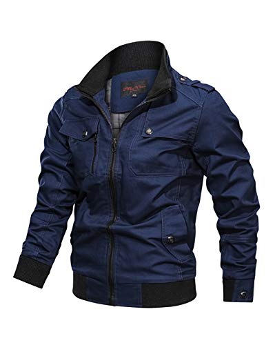 Minetom Herren Übergangsjacke Militär Jacke Stehkragen Bomber Jacke Baumwolle Multi Taschen Armeejacke Feldjacke Outdoor Mantel Parka Blau XS von Minetom