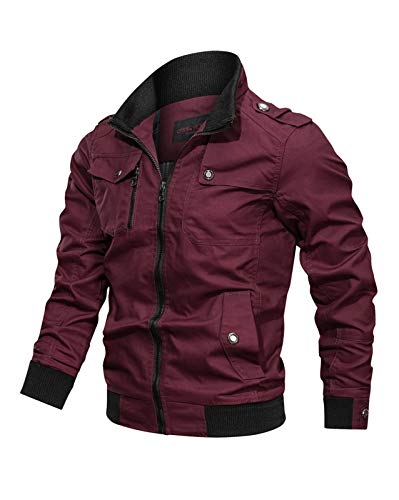 Minetom Herren Übergangsjacke Militär Jacke Stehkragen Bomber Jacke Baumwolle Multi Taschen Armeejacke Feldjacke Outdoor Mantel Parka Rot S von Minetom