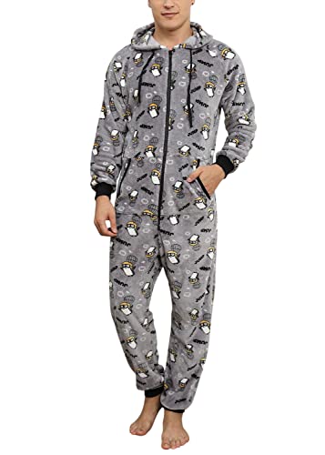 Minetom Herren Weihnachten Overall Jumpsuit One Piece Anzug Fleece Onesie Flauschig Mit Kapuze Einteiler Schlafanzug Jungen Hoodies Nachtwäsche Winter Homewear Schlafoverall A Grau L von Minetom