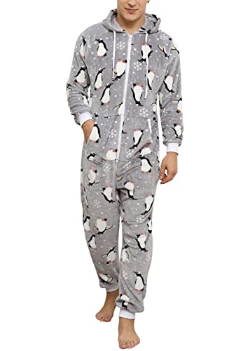 Minetom Herren Weihnachten Overall Jumpsuit One Piece Anzug Fleece Onesie Flauschig Mit Kapuze Einteiler Schlafanzug Jungen Hoodies Nachtwäsche Winter Homewear Schlafoverall A Hellgrau XL von Minetom