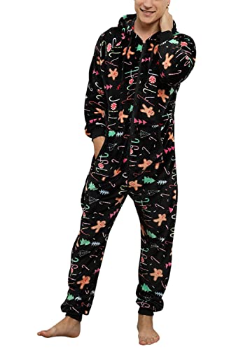 Minetom Herren Weihnachten Overall Jumpsuit One Piece Anzug Fleece Onesie Flauschig Mit Kapuze Einteiler Schlafanzug Jungen Hoodies Nachtwäsche Winter Homewear Schlafoverall A Schwarz M von Minetom