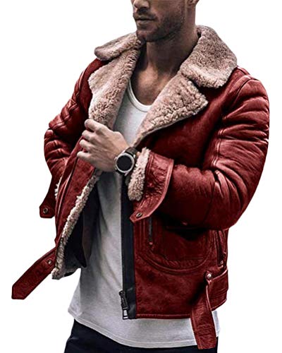 Minetom Herren Winterjacke Kunstleder Gefütterter Vintage Jacke Bikerjacke Bomberjacke Revers Warm Liner Plüsch Reißverschluss Mantel Rot X-Small von Minetom