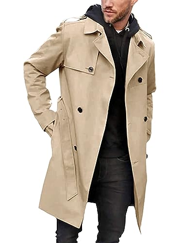 Minetom Herren Zweireihiger Trenchcoat Mittellang Klassischer Mantel Mit Gürtel Revers Lang Mantel Business Jacke Frühling Herbst Übergangsjacke A Aprikose M von Minetom