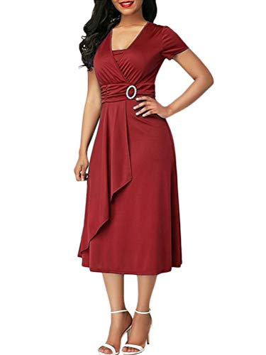 Minetom Hochzeit Festlich Geschäft Kleider Damen V-Ausschnitt Kurzarm A-Linie Midi Kleid Elegant Asymmetrie Hohe Taille Cocktailkleid Partykleid Weinrot DE 42 von Minetom