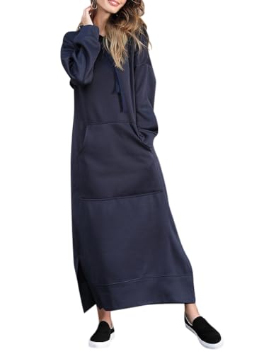 Minetom Hoodie Damen Kapuzenpullover Herbst Winter Warm Sweatshirtkleid Langarm Sweatshirt Pullover Casual Langes Maxi Kleid mit Taschen A Blau 3XL von Minetom
