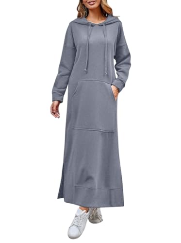 Minetom Hoodie Damen Kapuzenpullover Herbst Winter Warm Sweatshirtkleid Langarm Sweatshirt Pullover Casual Langes Maxi Kleid mit Taschen A Grau M von Minetom