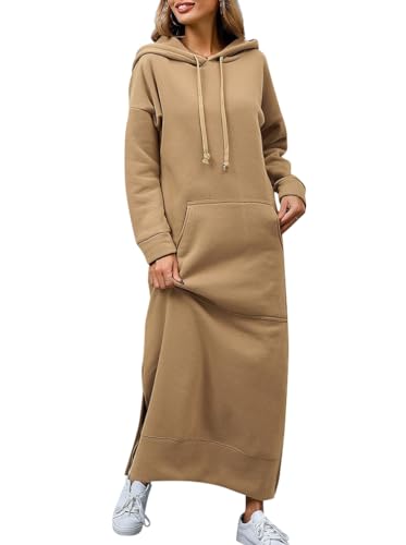 Minetom Hoodie Damen Kapuzenpullover Herbst Winter Warm Sweatshirtkleid Langarm Sweatshirt Pullover Casual Langes Maxi Kleid mit Taschen A Khaki L von Minetom