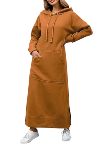 Minetom Hoodie Damen Kapuzenpullover Herbst Winter Warm Sweatshirtkleid Langarm Sweatshirt Pullover Casual Langes Maxi Kleid mit Taschen A Orange XXL von Minetom