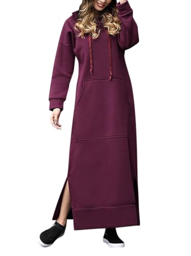 Minetom Hoodie Damen Kapuzenpullover Herbst Winter Warm Sweatshirtkleid Langarm Sweatshirt Pullover Casual Langes Maxi Kleid mit Taschen A Rot M von Minetom