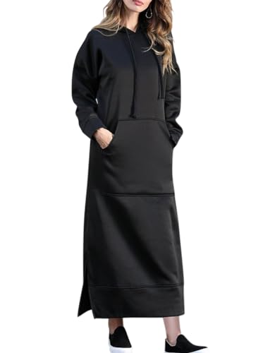 Minetom Hoodie Damen Kapuzenpullover Herbst Winter Warm Sweatshirtkleid Langarm Sweatshirt Pullover Casual Langes Maxi Kleid mit Taschen A Schwarz L von Minetom