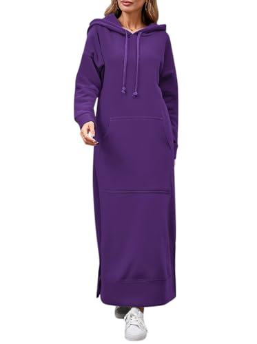 Minetom Hoodie Damen Kapuzenpullover Herbst Winter Warm Sweatshirtkleid Langarm Sweatshirt Pullover Casual Langes Maxi Kleid mit Taschen A Violett 3XL von Minetom