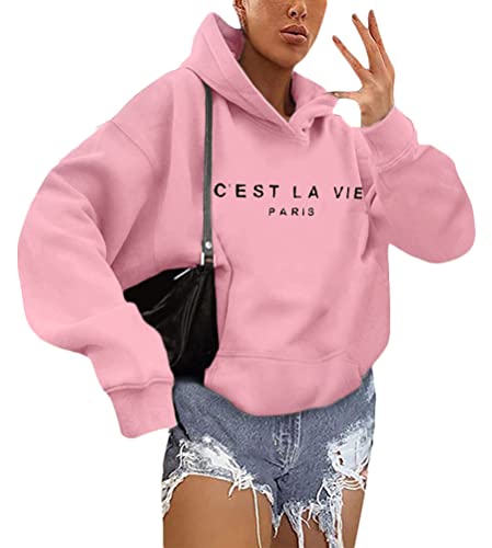 Minetom Hoodie Damen Kapuzenpullover Pullover Herbst Oberteil Langarm Casual Brief Gedruckt Sweatshirt Oberteile Tops A Rosa XS von Minetom