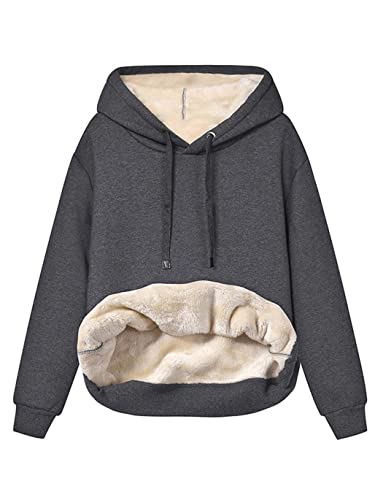 Minetom Hoodie Damen Kapuzenpullover mit Fleece Gefütterte Kuschelig Warmer Innenfutter Sweaterpullover Winter Warm Langarm Pullover Frauen Basic Outwear Fleecepullover mit Kapuze A Dunkelgrau L von Minetom