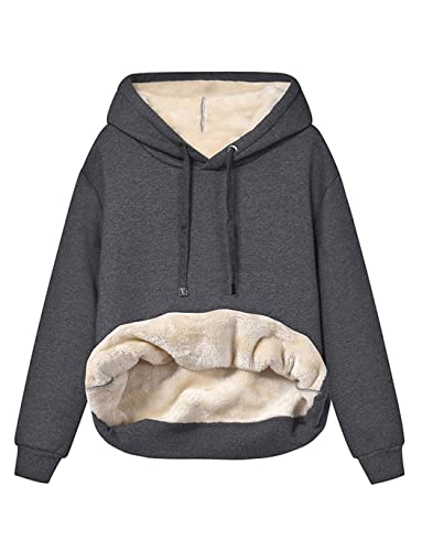Minetom Hoodie Damen Kapuzenpullover mit Fleece Gefütterte Kuschelig Warmer Innenfutter Sweaterpullover Winter Warm Langarm Pullover Frauen Basic Outwear Fleecepullover mit Kapuze A Dunkelgrau M von Minetom