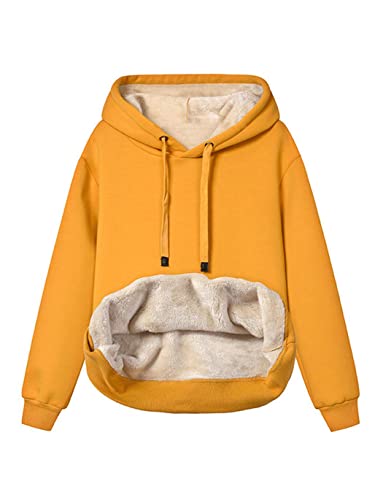 Minetom Hoodie Damen Kapuzenpullover mit Fleece Gefütterte Kuschelig Warmer Innenfutter Sweaterpullover Winter Warm Langarm Pullover Frauen Basic Outwear Fleecepullover mit Kapuze A Gelb 3XL von Minetom