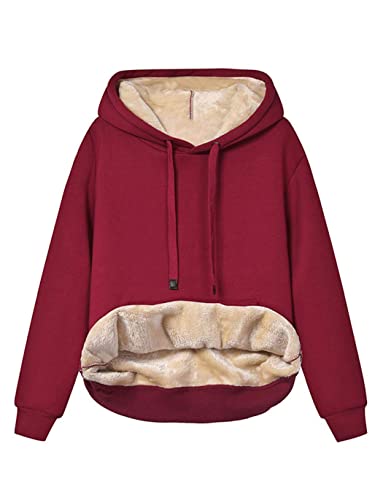 Minetom Hoodie Damen Kapuzenpullover mit Fleece Gefütterte Kuschelig Warmer Innenfutter Sweaterpullover Winter Warm Langarm Pullover Frauen Basic Outwear Fleecepullover mit Kapuze A Rot XXL von Minetom